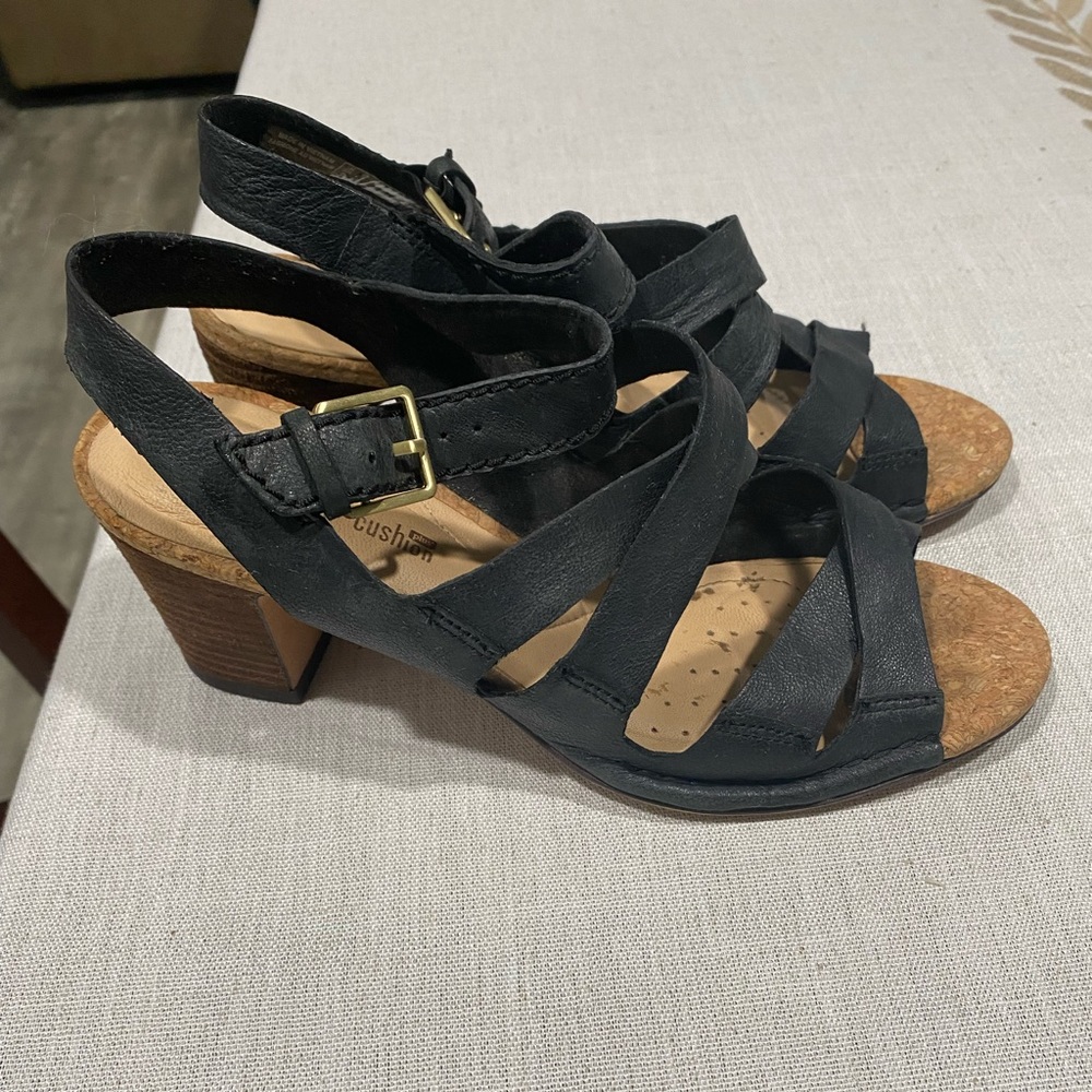 Size 8 Clark’s black leather strap heel sandals